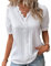 LAKEMON 2023 V Neck Plain Lace Elegant Shirt,Short Sleeve Shirt for Women Loose Top (White,Medium)