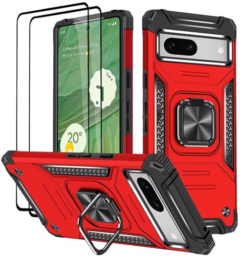 KANSi Cover per Google Pixel 7A, Vetro Temperato [2 Pack] Custodie Silicone TPU 360° Rotante Anello Magnetica Anello Ring Supporto Bumper - Rosso