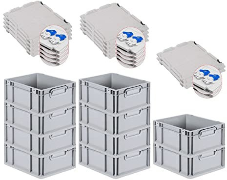 PROREGAL SuperSparSet 10x Eurobox NextGen Grip mit Scharnierdeckel und blauen Schiebeschnappverschlüssen, HxBxT 17x30x40cm, 16 L, Grau, Griffe geschlossen, Eurobehälter, Transportbox