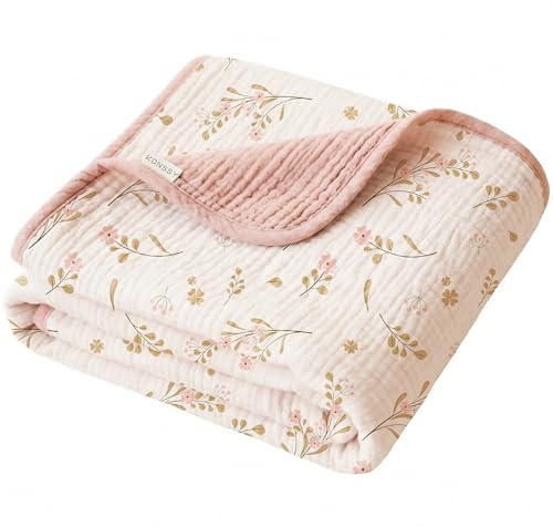 Konssy Muslin Baby Blankets for Girls Boys, 100% Cotton Crib Blanket for Infant Toddler, Super Soft and Lightweight Nursery Swaddling Wrap 40x36 (Floral)