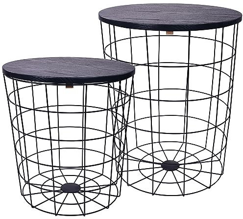 Elevon Nesting Table End Table Wire Basket Base with Wood Tops Side Table Set of 2, Black