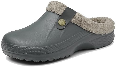 Meik Mangni Clogs Gefüttert Damen Herren Winter Gartenclogs mit Fell Warm Hausschuhe Frauen Geschlossen Pantoffeln rutschfeste Plüsch Pantoletten,Grau Gr.37-38 EU