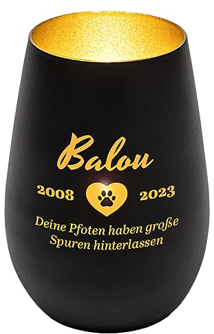 Windlicht aus Glas graviert mit Wunschnamen für Haustier (Schwarz/Gold)| Andenken | personalisiert | Trauergeschenk | Teelichtglas | Teelichthalter | Grablicht