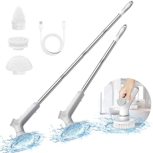 VEWIOR Electric Spin Scrubber, Cordless Cleaning Brush with 3 Adjustable Angle 2 Speeds 4 Replaceable Brush Heads, Electric Cleaning Brush with Display for Floor Bathroom Tub Tile Kitchen Window