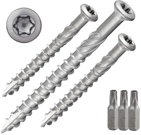 Terrassenschraube mit Senkkopf und TX-Antrieb | rostfreier Edelstahl A2 | inkl. 1 x S2-Bit | Schaftfräser + Cutspitze | unterkopfverstärkt mit Fräsrippen | mit ETA-Zulassung | 5 x 40 mm, 1000 Stück