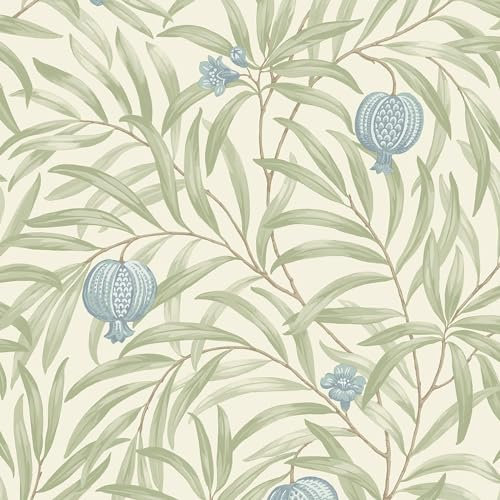 Pomegranate Blue Sage Green Wallpaper - Leaves Botanical Tropical Modern Contemporary - Stylish Feature Wall