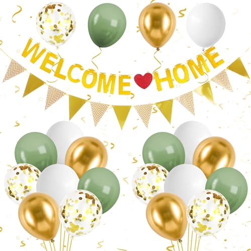 Willkommen Zuhause Deko,Girlande Willkommen Zuhause Banner Set mit Grün Gold Luftballons,Konfetti-Luftballons,Welcome Home Banner,Wimpelkette für Babyshowerparty,Geburt,Fest Dekorations