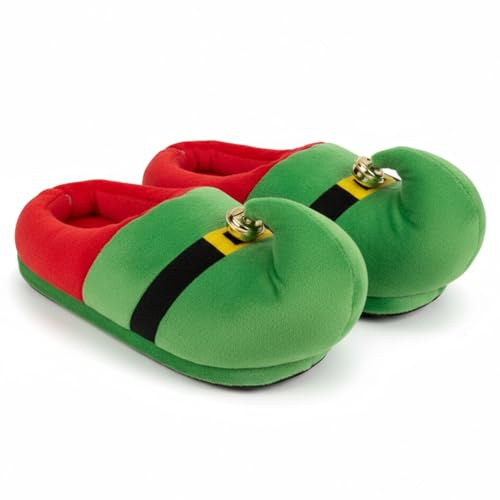 MIJOMA Weihnachts-Hausschuhe für Damen – Kuschelige Elfen-Slipper in Grün-Rot mit Glöckchen – Warme Plüsch-Pantoffeln im Wichtel-Look – Größe 39-42 – Winter & Weihnachten
