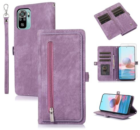 Asuwish Funda tipo cartera para Xiaomi Redmi Note 10/10S 4G con protector de pantalla de vidrio templado y bandolera de piel con cierre de cremallera, tarjetero para celular Redme Note10 S Note10S