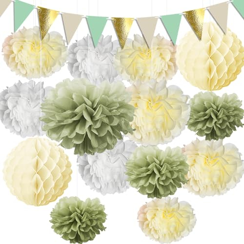 Syoulin Décoration champêtre,mariages champêtre & baptêmes champêtre,pompons en papier,guirlande fanion.Idéal pour les mariages,les baptêmes,les anniversaires et les fêtes de jardin-15 pièces