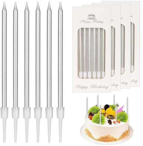 LFBEST 24 Stück Geburtstagskerzen Kuchen Silber, Dünne Lange Silber Geburtstagskerze Mit Haltern Für Geburtstagskerzen Dekorative, Geburtstagskerzen für Torte, Kerzen Geburtstagskuchen(Silber）