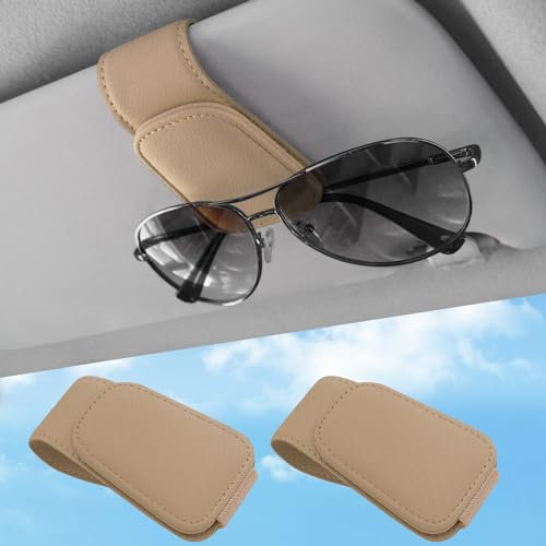 Sunglasses Holders for Car Visor,Car Magnetic Glasses Holder Leather Sunglasses Clip and Ticket Card Clip Suitable for Car Interior Visor and Different Size Eyeglasses. (Beige/2)