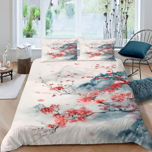 Housse de Couette 140x200 Fleurs De Cerisier Montagnes Parure de Lit 1 Personne Enfant Fille Garçon Imprimé 3D Housse de Couette Paysage Rouge Microfibre avec Fermeture Éclair et 2 Taies d'oreiller