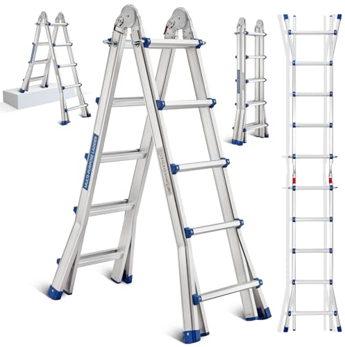 STANEW Scala Singola in Alluminio Multiuso 5,1m 4x5 pioli, Scala Multifunzione Telescopica Professionale, Pieghevole, Cavalletto di Prolunga, a Gradini e Bifacciale, Portata Max 150 Kg
