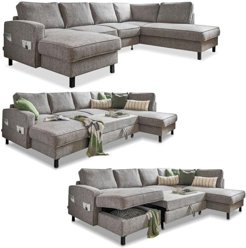 MIUFORM Molly U mit Bettkasten | limitierter Polsterstoff | 8 Sitzer Ecksofa | L-Form rechts | 298 x 198 x 88cm Couch | Klappsofa mit Schlaffunktion | Schlafsofa klappbar (Grau)