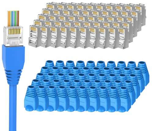 Brileine 100-Pack Cat 6 Shielded Pass Through RJ45 Connectors with RJ45 Boots Cover, Simplify Terminations with Ethernet Ends/ Cat6 Ends/ RJ45 Connectors/Cat 6 Connectors for Cat6 Cat5e Cables