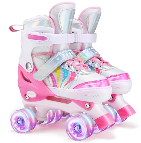 Roller Skates for Kids Adjustable Quad Skates 4 Size Adjustable and light up wheels Roller skates for girls boys.
