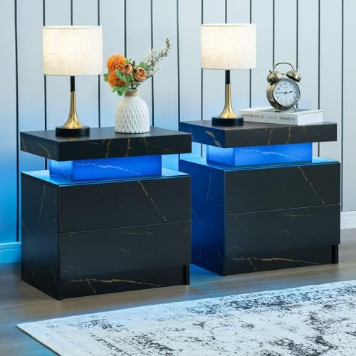 Cubehom LED Nachttisch Nachtschrank mit Led Licht, Modern Nachtkommode mit 2 Schubladen für Wohnzimmer, Schlafzimmer (Schwarzes Gold, 2)