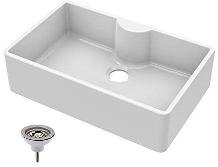 Balterley 795mm Butler White Kitchen Sink, Single Bowl with Tap Ledge & Waste, No Tap Hole, Durable Butler Fireclay Ceramic Kitchen Sink Bowl, Apron Front Farmhouse Sinks - 795 x 500 x 220mm (White)