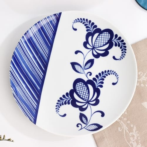 AEVVV Plato de porcelana de 7.87 pulgadas estilo Gzhel con diseño floral esmaltado azul esmaltado redondo para servir platos calientes, vajilla decorativa apta para lavavajillas