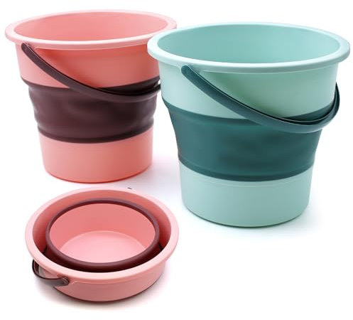 WYYFXY® 2 Stück Falteimer 5L Eimer Faltbar Putzeimer 5 Liter Kübel Collapsible Bucket Wascheimer mit Griff für Strand Angeln Camping Hikenture Reisen Auto (Grün und Rosa)
