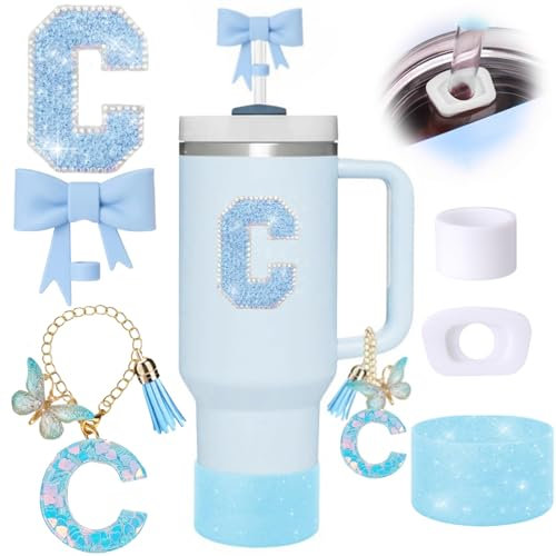 6pcs Blue Stanley Cup Accessories Set, Bow Straw Topper for Stanley Cup 30oz 40oz, Including Straw Topper and Sparkly Silicone Boot, Stoppers Spill Proof, Handle Charm, Initials Sticker
