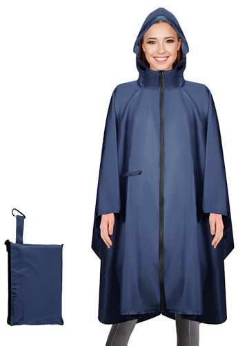 Sensong Regenponcho für Damen, Unisex Regenjacken Regencape, Wasserdicht mit Kapuze und Reißverschluss Wiederverwendbar Regenmantel für Wandern Camping Radfahren Reisen Dunkelblau
