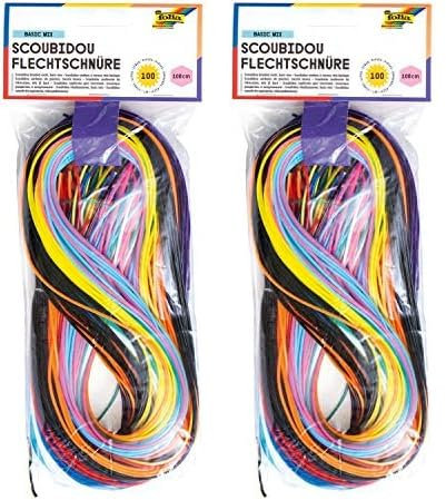 folia 731100 - Basic Mix Scoubidou Flechtschnüre, opak/transparent, 100 Stück sortiert in 10 verschiedenen Farben - ideal zum Flechten von Armbändern, Schlüsselanhängern, usw. (Packung mit 2)