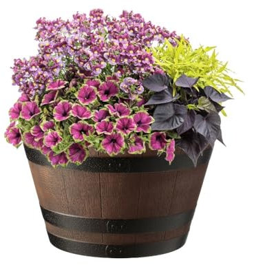 Gardening Naturally Wooden Barrel Effect Planter Pot - Low Maintenance Plastic, UV and Frost Resistant, 31cm x 52cm By Flowersea (Brown)