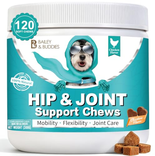 Bailey & Buddies Hip and Joint Supplement for Dogs, 120 Soft Chews with Glucosamine, Chondroitin, MSM and Green-Lipped Mussel, Joint Support for Senior Dogs and All Breeds - Chicken Flavor