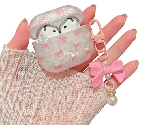 MINSCOSE niedliche Glitter AirPods 4 Case, Shell Muster Bow Band Trendy Design mit Pearl Schlüsselanhänger, schützende stoßfeste Abdeckung für Apple Airpods 4 für Frauen Mädchen-Pink