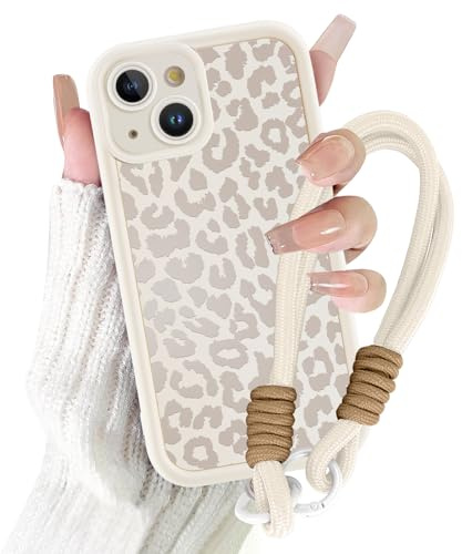 Coalbooliy Handyband Handyhülle für iPhone 15 hülle 6,1'' mit Band Kette, Aesthetic Weißer Leopard Sommer Muster Mädchen Design mit Kordel zum Umhängen Cover Universelles Patch Silikon Case, 01