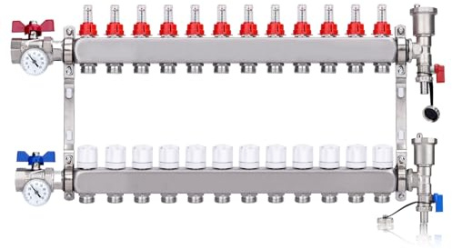 12 Heizkreise Heizkreisverteiler mit 1 Kugelhähne & Thermometer Edelstahl