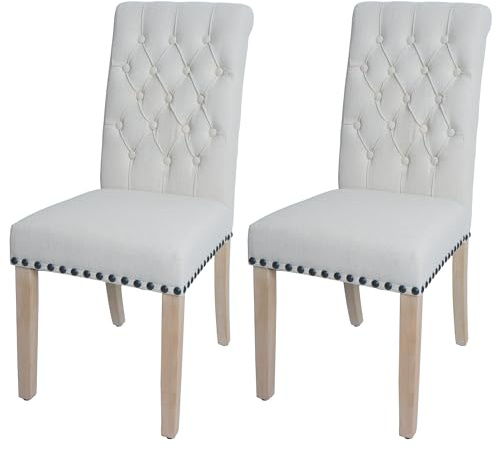 Mendler 2er-Set Esszimmerstuhl HWC-O66 Stoff/Textil - weiß | Küchenstuhl, Polsterstuhl, Chesterfield, Nieten