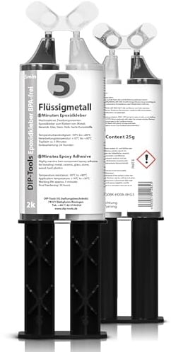 DIP-Tools Flüssigmetall 25ml I 2-Komponenten-Kleber extra stark, Epoxidharzkleber 2K Zwei-Komponenten Power Klebstoff Wasserfest, für Metalle, Holz, Kunststoffe, Stein und mehr (1)