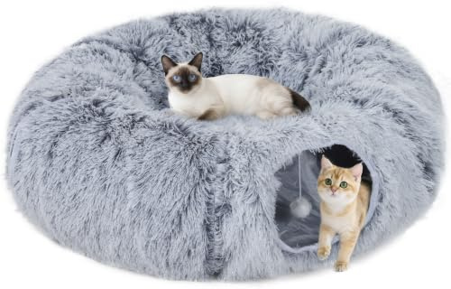 PawHut Cat Tunnel for Indoor Cats 90cm Large Donut Play Bed Light Grey | Washable Cushion, Toy Ball, Door Hole, Pet Play Rabbit Tube Toy