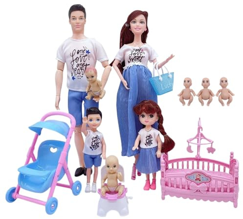 Csafyrt Family Doll Set, sichere Schwangere Puppen -Set mit Papa & 3 Kindern, 5 Menschen mit Puppenhauszubehör tun Spielen Spielzeug für Kinder