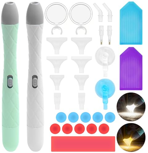 HavaCue 2 Stück Diamond Painting Stift mit Licht, Diamond Painting Zubehör Stift Set mit 2 Beleuchtungsmodi, 14 Ersatzstiftköpfe, 2 Lupen, 11 Malerei Kleber Ton, für DIY Handwerk Dekoration