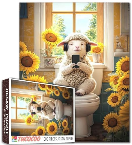 Sheep Toilet Puzzle 1000 Pieces Rustic Scene Sunflower Decor Country Farmhouse 27x20 Inch Challenging Family Activity Games Colorful DIY Craft Puzzle for Home Decor Gift