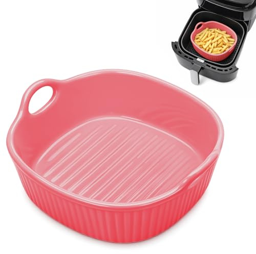 Runde Keramik Auflaufform für Heißluftfritteuse 18.5×16.5×5.5 cm | Bunt Glasierte Auflauf- & Lasagneform | Backform Keramik mit Griffen für Backofen Mikrowelle (Himbeer-Rot-650ML)