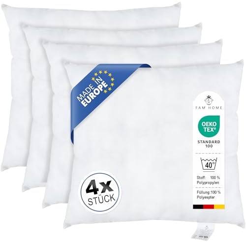 FAM Home Kissenfüllung 40x40 cm (4er Set) Sofakissen Dekokissen 210g | Ideal als Innenkissen & Füllkissen für Zierkissen: Mittelfest, hypoallergen und maschinenwaschbar. Perfekte Form für Bezüge.