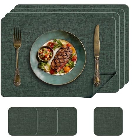 KitchenBoss Tischsets Abwaschbar und Untersetzer aus Kunstleder, 4er-Set Platzsets Abwaschbar Platzdeckchen Für den Einsatz in Küchen, Esszimmern und Büros，Grün, 43x30cm