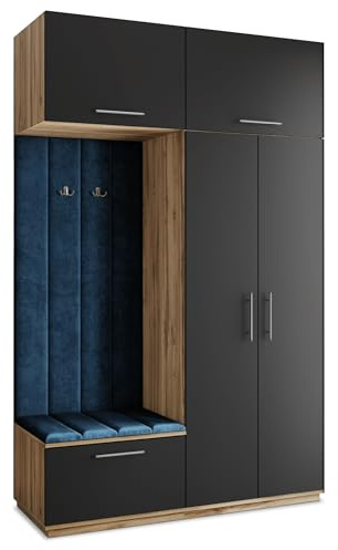 Masseno Flugarderoben Set Rema, Kleiderschrank-Set mit Sitzbank, Garderobenschrank Flur mit 5 Regalböden, Eiche Wotan/Schwarz