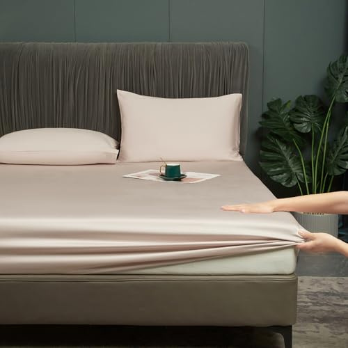 Luofanfei Bambus Lyocell Spannbettlaken 180x200cm Beige Kühlend Sommer | Boxspringbett Topper Bambusfaser Bettlaken Glänzend Spannbetttuch Uni Spannbetttücher für Hohe Matratze bis 25-30 cm