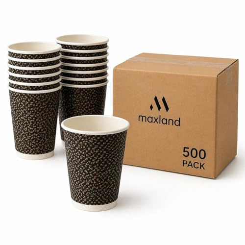 Maxland 8oz Check Kraft Ripple Wall Paper Cups (500 Pack) – Disposable Hot Drink Coffee Cups, Insulated Corrugated Takeaway Cups for Tea, Hot Chocolate, Catering, Offices & Events