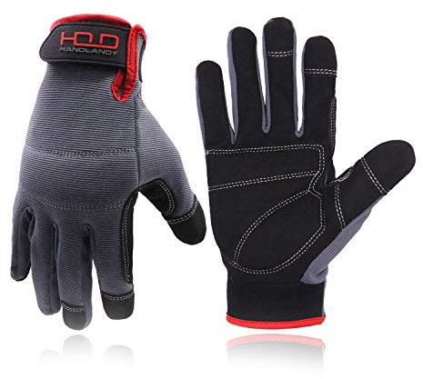 HANDLANDY Herren Touchscreen Arbeitshandschuhe, aus Kunstleder Nützliche Schutzhandschuhe mit Atmungsaktive Elastan Gepolsterte Gelenk und Handfläche,Grau,gr 9(L)