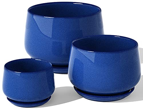 LE TAUCI 3er Set Keramik Blumentöpfe, 10/13/16 cm Durchmesser Klein Blumentöpfe Set, Übertöpfe für Zimmerpflanzen, Pflanztöpfe mit Untersetzer und Abflussloch, Schatz Blau