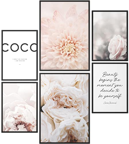 Papierschmiede® Mood Poster Set Coco Blüten, Bilder Wohnzimmer Deko Schlafzimmer, 2x DIN A4 und 4x DIN A5, Beauty Pfingstrose Schönheit rosa - ohne Rahmen