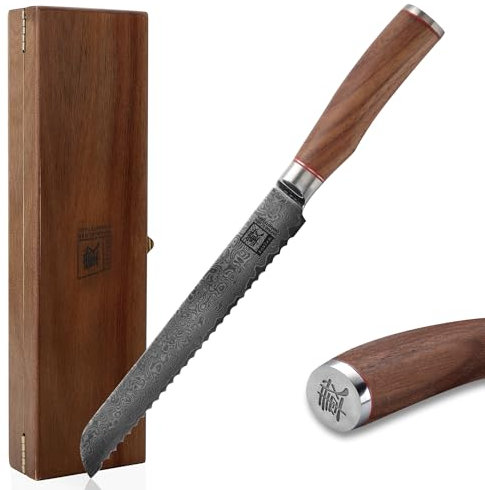 zayiko Kurumi Premium Brotmesser mit 20 cm Klinge gefertigt aus 67 Lagen echtem Damaststahl mit Nussbaumgriff I Holzbox I Damastmesser Küchenmesser und Profi Kochmesser