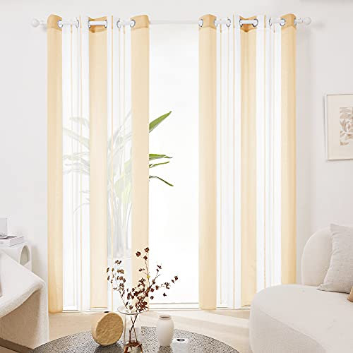Deconovo Transparente Vorhänge mit Ösen, Stores Gardinen für Wohnzimmer, Voile Gardine in Leinenoptik Nadelstreifen, 290x140 cm(HöhexBreite), Creme, 2er Set